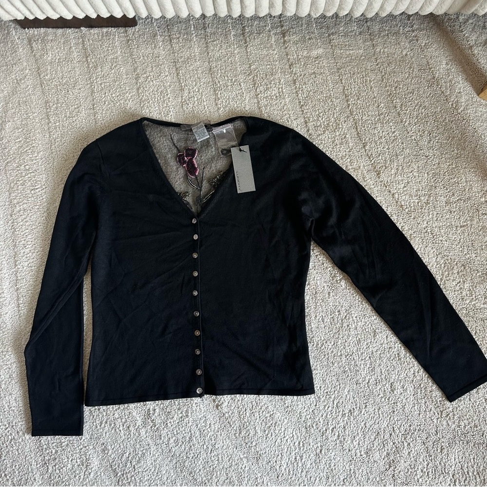 Lucidity Women’s Silk Button Down Sweater Floral Embroidered Mesh